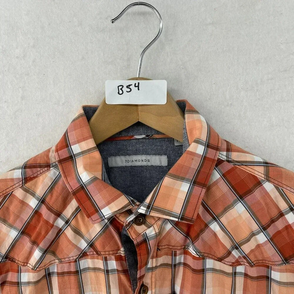 7 Diamonds Shirt Men's Sz M Orange Button-Up Plaid Collared Regular Fit Pockets - Picture 10 of 10